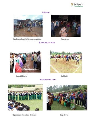 RAJAM 
Traditional weight lifting competition Tug of war 
RAJNANDGAON 
Rasssi Khinch Kabbadi 
RUDRAPRAYAG 
Spoon race for school children Tug of war 
 