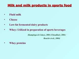 Fluid milk Cheese Low-fat fermented dairy products Whey: Utilized in preparation of sports beverages   (Kampinga & Colaco, 2003; Choudhari, 2004;  Beucler et al., 2004) Whey proteins Milk and milk products in sports food 