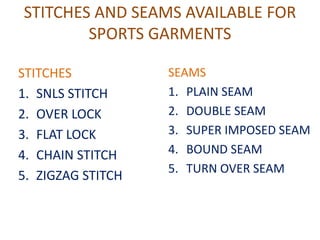 STITCHES AND SEAMS AVAILABLE FOR
SPORTS GARMENTS
STITCHES
1. SNLS STITCH
2. OVER LOCK
3. FLAT LOCK
4. CHAIN STITCH
5. ZIGZAG STITCH
SEAMS
1. PLAIN SEAM
2. DOUBLE SEAM
3. SUPER IMPOSED SEAM
4. BOUND SEAM
5. TURN OVER SEAM
 