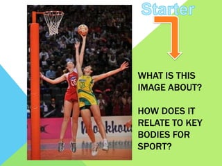 WHAT IS THIS
IMAGE ABOUT?
HOW DOES IT
RELATE TO KEY
BODIES FOR
SPORT?

 
