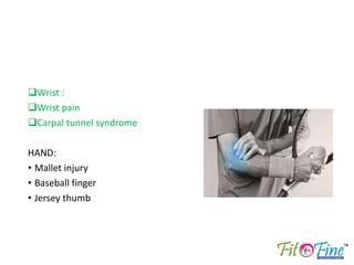 Most common sports injuries in LOWER limb
• HIP
• Quadriceps strain
• Hip pain
• Groin pain due to adducter strain
• KNEE ...
