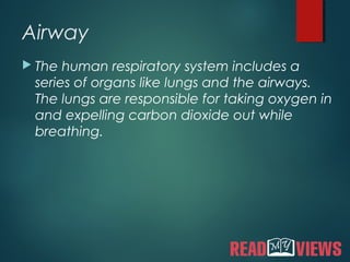 Airway
 The human respiratory system includes a
series of organs like lungs and the airways.
The lungs are responsible for taking oxygen in
and expelling carbon dioxide out while
breathing.
 