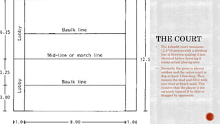 • The kabaddi court measures
12.5*10 meters with a dividing
line in between making it into
identical halves denoting 2
teams actual playing area
• Normally the game is played
outdoor and the entire court is
dug at least 1 foot deep. They
remove the mud and fill it with
nice river or beach sand. This
ensures that the player is not
seriously injured if he fails or
dragged by opponents
 