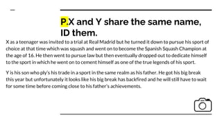P.X and Y share the same name,
ID them.
X as a teenager was invited to a trial at Real Madrid but he turned it down to pursue his sport of
choice at that time which was squash and went on to become the Spanish Squash Champion at
the age of 16. He then went to pursue law but then eventually dropped out to dedicate himself
to the sport in which he went on to cement himself as one of the true legends of his sport.
Y is his son who ply’s his trade in a sport in the same realm as his father. He got his big break
this year but unfortunately it looks like his big break has backfired and he will still have to wait
for some time before coming close to his father’s achievements.
 