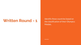 Written Round - 1
Identify these countries based on
the classification of their Olympics
Medals.
 