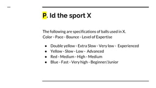 P. Id the sport X
The following are specifications of balls used in X.
Color - Pace - Bounce - Level of Expertise
● Double...