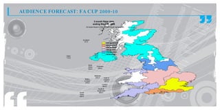 AUDIENCE FORECAST: FA CUP 2009-10
                                            3 month Rajar data
                                           ending Wave 01 2009
                                 All Adults Reach in 000s for the Overall Campaign




                           Scotland
                             57.0
                                                             87 t 93
                                                              3. o 9.
                                                                0     0
                                                             61 t 87
                                                              8. o 3.
                                                                0     0
                                                             55 t 61
                                                              2. o 8.
                                                                0     0
                                                             39 t 55
                                                              6. o 2.
                                                                0     0
                                                             23 t 39
                                                              1. o 6.
                                                                0     0
                                            North            5. t 2 3
                                                              7 o 1.
                                                               0     0
               Ulster                       East
               116.0                        94.0



                                   North
                                   West        Yorkshire
                                   302.0        259.0



                                            Midlands
                                             533.0         East of
                                Wales                      England
                                & West                      541.0
                                 375.0
                                                       London
                                                        993.0
                                                 South &
                                                South East
                        South                     695.0
                        West
                        400.0
 