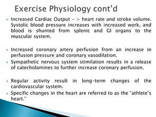  Increased Cardiac Output - > heart rate and stroke volume.
Systolic blood pressure increases with increased work, and
blood is shunted from splenic and GI organs to the
muscular system.
 Increased coronary artery perfusion from an increase in
perfusion pressure and coronary vasodilation.
 Sympathetic nervous system stimilation results in a release
of catecholamines to further increase coronary perfusion.
 Regular activity result in long-term changes of the
cardiovascular system.
 Specific changes in the heart are referred to as the “athlete’s
heart.”
 
