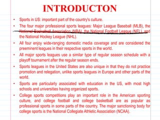 INTRODUCTON
• Sports in US: important part of the country's culture.
• The four major professional sports leagues: Major L...