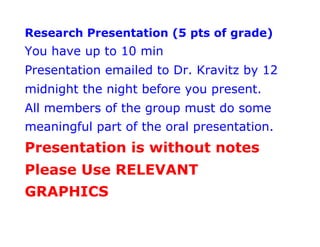 Research Presentation (5 pts of grade)
You have up to 10 min
Presentation emailed to Dr. Kravitz by 12
midnight the night before you present.
All members of the group must do some
meaningful part of the oral presentation.
Presentation is without notes
Please Use RELEVANT
GRAPHICS
 