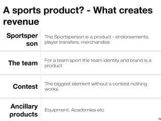 A sports product? - What creates
revenue
Sportsper    The Sportsperson is a product - endorsements,
      son    player transfers, merchandise



             For a team sport the team identity and brand is a
 The team    product



             The biggest element without a contest nothing
  Contest    works



 Ancillary   Equipment, Academies etc
 products
                                                                 15
 