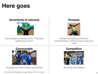 Here goes

     Uncertainty of outcome                                  Prowess




Non scripted entertainment - The best               Admire something which is a
          reality show ever?                    personification of the human body and
                                                                  mind

            Commonality                                   Competition




 Develop common topics and friends                      Absolute and relative

Our pals at facebook have taken this to a new                                           7
 