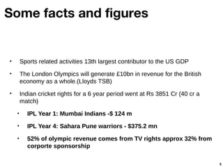 Some facts and figures


‣       Sports related activities 13th largest contributor to the US GDP

‣       The London Olympics will generate £10bn in revenue for the British
        economy as a whole.(Lloyds TSB)

‣       Indian cricket rights for a 6 year period went at Rs 3851 Cr (40 cr a
        match)
    •     IPL Year 1: Mumbai Indians -$ 124 m
    •     IPL Year 4: Sahara Pune warriors - $375.2 mn
    •     52% of olympic revenue comes from TV rights approx 32% from
          corporte sponsorship

                                                                                9
 