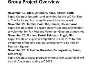 Group Project Overview
November 19: Litke, Lattimore, Kime, Killeen, Keith
Topic: Create a foot print and activities for the WC Fan Fest
at The Banks and host a media event to announce it
November 26: Jacobs, Irwin, Hill, Hawes, Hackathorne
Topic: Create a plan to engage students at local universities
to volunteer for Fan Fest and Volunteer Greeters at matches
November 26: Gordon, Flekel, Feldhaus, Engel, Ellis
Topic: Create an eSports Competition in June 2025 to raise
awareness of the one-year out anniversary to be held on
Fountain Square
November 26: Colosimo, Brewster, Baumgardner, Baker,
Armstrong
Topic: Create a legacy program where a new soccer field will
be built/dedicated during WC 2026
 