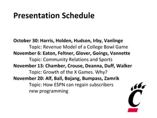 Presentation Schedule
October 30: Harris, Holden, Hudson, Irby, Vanlinge
Topic: Revenue Model of a College Bowl Game
November 6: Eaton, Feltner, Glover, Goings, Vannette
Topic: Community Relations and Sports
November 13: Chamber, Crouse, Deanna, Duff, Walker
Topic: Growth of the X Games. Why?
November 20: Alf, Ball, Bojang, Bumpass, Zamrik
Topic: How ESPN can regain subscribers
new programming
 