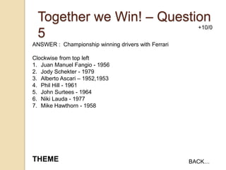 Together we Win! – Question
+10/0
5
ANSWER : Championship winning drivers with Ferrari

Clockwise from top left
1. Juan Manuel Fangio - 1956
2. Jody Schekter - 1979
3. Alberto Ascari – 1952,1953
4. Phil Hill - 1961
5. John Surtees - 1964
6. Niki Lauda - 1977
7. Mike Hawthorn - 1958

THEME

BACK…

 