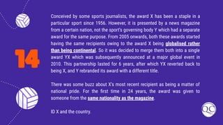 14
Conceived by some sports journalists, the award X has been a staple in a
particular sport since 1956. However, it is presented by a news magazine
from a certain nation, not the sport’s governing body Y which had a separate
award for the same purpose. From 2005 onwards, both these awards started
having the same recipients owing to the award X being globalised rather
than being continental. So it was decided to merge them both into a single
award YX which was subsequently announced at a major global event in
2010. This partnership lasted for 6 years, after which YX reverted back to
being X, and Y rebranded its award with a different title.
There was some buzz about X’s most recent recipient as being a matter of
national pride. For the ﬁrst time in 24 years, the award was given to
someone from the same nationality as the magazine.
ID X and the country.
 