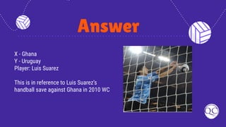 Answer
X - Ghana
Y - Uruguay
Player: Luis Suarez
This is in reference to Luis Suarez’s
handball save against Ghana in 2010 WC
 