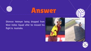 Answer
Shimron Hetmyer being dropped from
West Indies Squad after he missed his
ﬂight to Australia.
 