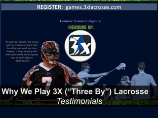 REGISTER: games.3xlacrosse.com
Why We Play 3X (“Three By”) Lacrosse
Testimonials
“As soon as I played I fell in love
with 3x. It requires great stick
handling and quick decision
making. It helps develop skill
with both hands and is a great
way to learn defense
-Matt Bocklet
 