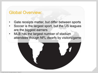 ©  SAP AG 2010. All rights reserved. / Page 16
Global Overview:
•  Gate receipts matter, but differ between sports
•  Soccer is the largest sport, but the US leagues
are the biggest earners
•  MLB has the largest number of stadium
attendees though NFL dwarfs by visitors/game
 