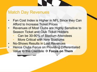 ©  SAP AG 2010. All rights reserved. / Page 33
Match Day Revenues
•  Fan Cost Index is Higher in NFL Since they Can
Afford to Increase Ticket Prices
•  Revenues of Most Clubs are Highly Sensitive to
Season Ticket and Club Ticket Holders
•  Can be 30-90% of Stadium Attendees
•  More Critical with New Stadiums
•  No-Shows Results in Lost Revenues
•  Hence Clubs Focus on Providing Differentiated
Value to this Clientele à Focus on Them
 