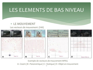  LE MOUVEMENT
LES ELEMENTS DE BAS NIVEAU
Les vecteurs de mouvement (VM)
Exemple de vecteurs de mouvement MPEG
A : Zoom | ...