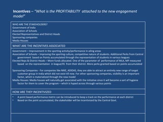 Incentives  –  “What is the PROFITABILITY  attached to the new engagement model” WHO ARE THE STAKEHOLDERS? Government of India Association of Schools Elected Representatives and District Heads Sponsoring companies  Media Houses WHAT ARE THE INCENTIVES ASSOCIATED Government – Improvement in the sporting activity/performance in ailing areas Association of Schools – Improving the sporting culture, competitive nature of students. Additional Perks from Central government  based on Points accumulated through the representation of students in various leagues Elected Reps & District Heads – More funds allocated. One of the parameter of  performance of MLA, MP measured based  on the representation  in league/IIS  from their district. More perks granted based on points accumulated Sponsoring Companies - For companies like NIKE, ADIDAS, they are able to attract an entirely new range of target customer group in India which did not exist till now. For other sponsoring companies, visibility is an important factor, which is materialized through the new model Media Houses: Media houses will naturally get associated with the initiative since it will become a sort of hygiene factor for them to cover the program – which is hyped across through various points HOW ARE THEY INCENTIVIZED  A point based performance metric can be introduced to keep a track on the performance at each district Based on the point accumulated, the stakeholder will be incentivized by the Central Govt. 