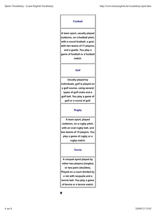 Sports vocabulary learn english vocabulary | PDF