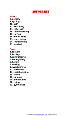 sports vocabulary criss cross crossword puzzle worksheet