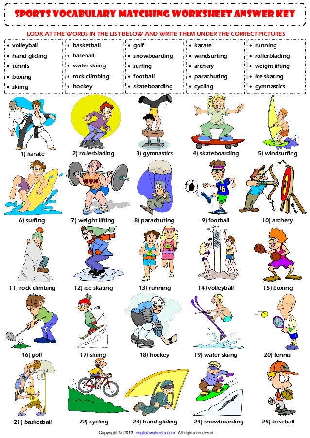 Sports vocabulary matching exercise worksheet