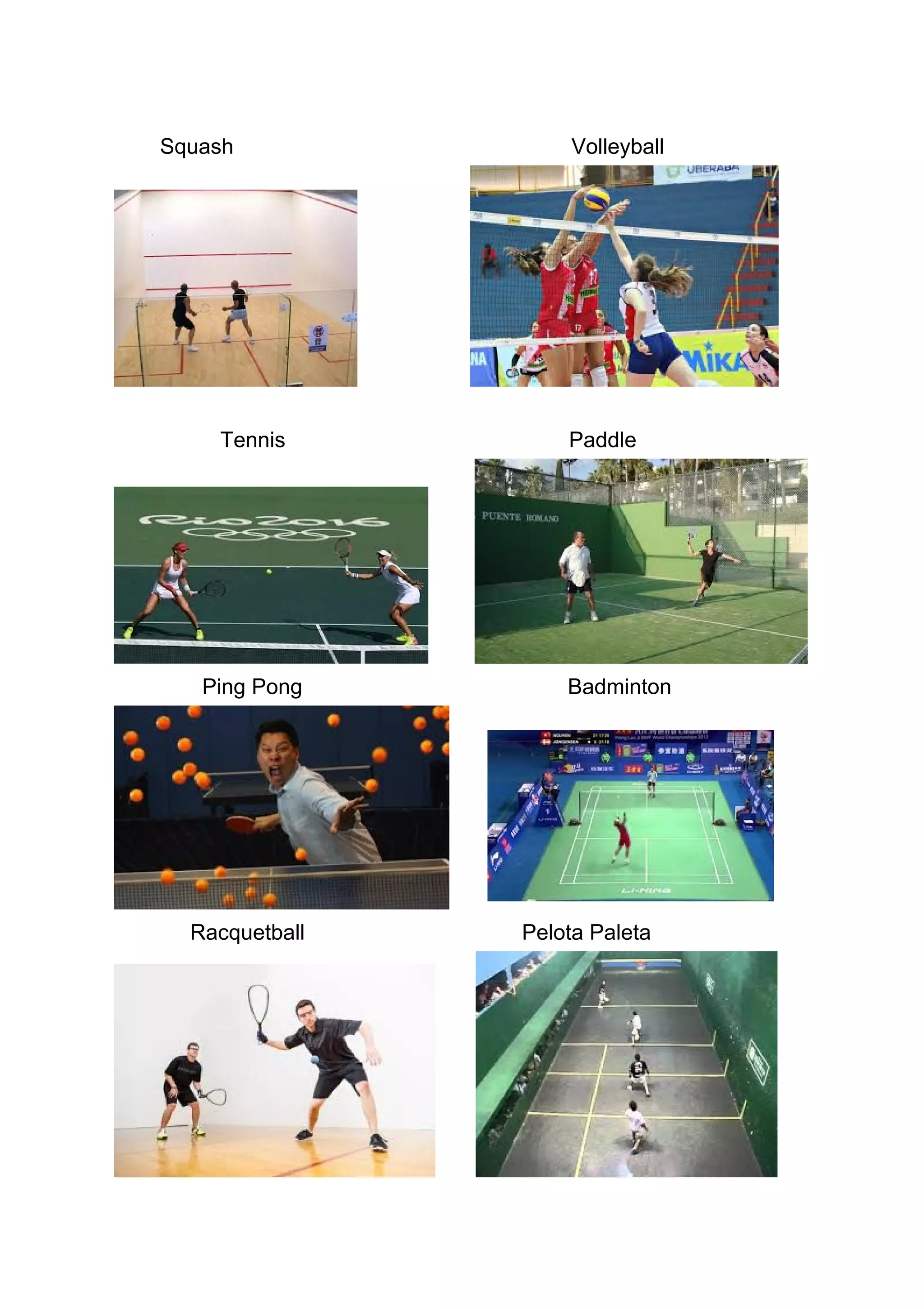 Squash Volleyball
Tennis Paddle
Ping Pong Badminton
Racquetball Pelota Paleta