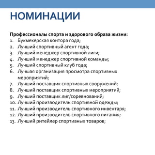 НОМИНАЦИИ	
 
Профессионалы	
 спорта	
 и	
 здорового	
 образа	
 жизни:	
 
1.  Букмекерская	
 контора	
 года;	
 
2.  Лучший	
 спортивный	
 агент	
 года;	
 
3.  Лучший	
 менеджер	
 спортивной	
 лиги;	
 
4.  Лучший	
 менеджер	
 спортивной	
 команды;	
 
5.  Лучший	
 спортивный	
 клуб	
 года;	
 
6.  Лучшая	
 организация	
 просмотра	
 спортивных	
 
мероприятий;	
 
7.  Лучший	
 поставщик	
 спортивных	
 сооружений;	
 
8.  Лучший	
 поставщик	
 спортивных	
 мероприятий;	
 
9.  Лучший	
 поставщик	
 лиг/соревнований;	
 
10.  Лучший	
 производитель	
 спортивной	
 одежды;	
 
11.  Лучший	
 производитель	
 спортивного	
 инвентаря;	
 
12.  Лучший	
 производитель	
 спортивного	
 питания;	
 
13.  Лучший	
 ритейлер	
 спортивных	
 товаров;	
 	
 

 