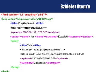 Szkielet Atom’u <?xml version="1.0" encoding="utf-8"?> <feed xmlns="http://www.w3.org/2005/Atom">   <title>  Przykład kanału   </title> <link href=" http://przyklad.pl/ "/>   <updated> 2005-06-13T16:20:02Z </updated> <author><name>  Jan   </name><surname>  Kowalski   </surname></author> <entry> <title> Tytuł  </title>   <link href=" http://przyklad.pl/atom01 "/>   <id> urn:uuid:1225c695-cfb8-4ebb-aaaa-80da344efa6a </id>  <updated> 2005-06-13T16:20:02 </updated>   <summary>  Jakiś tekst .</summary>   </entry> </feed>   