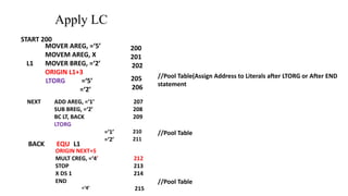 Apply LC
START 200
MOVER AREG, =‘5’
MOVEM AREG, X
L1 MOVER BREG, =‘2’
ORIGIN L1+3
LTORG =‘5’
=‘2’
200
201
202
205
206
NEXT ADD AREG, =‘1’ 207
SUB BREG, =‘2’ 208
BC LT, BACK 209
LTORG
=‘1’ 210
=‘2’ 211
BACK EQU L1
ORIGIN NEXT+5
MULT CREG, =‘4’ 212
STOP 213
X DS 1 214
END
=‘4’ 215
//Pool Table(Assign Address to Literals after LTORG or After END
statement
//Pool Table
//Pool Table
 