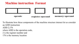 Machine instruction Format
To illustrate how these components of the machine structure interact let us consider
an ADD instruction
ADD 2,176
where ADD is the operation code,
2 is the register number and
176 is the memory location
 