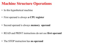 • In this hypothetical machine
• First operand is always a CPU register
• Second operand is always memory operand
• READ and PRINT instructions do not use first operand
• The STOP instruction has no operand
Machine Structure Operations
 