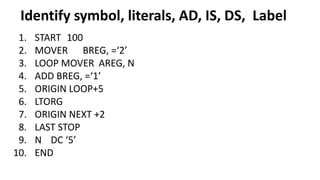 Identify symbol, literals, AD, IS, DS, Label
1. START 100
2. MOVER BREG, =‘2’
3. LOOP MOVER AREG, N
4. ADD BREG, =‘1’
5. ORIGIN LOOP+5
6. LTORG
7. ORIGIN NEXT +2
8. LAST STOP
9. N DC ‘5’
10. END
 