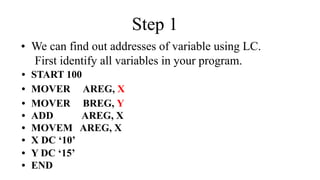 Step 1
• We can find out addresses of variable using LC.
First identify all variables in your program.
• START 100
• MOVER AREG, X
• MOVER BREG, Y
• ADD AREG, X
• MOVEM AREG, X
• X DC ‘10’
• Y DC ‘15’
• END
 