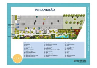 Material provisório de consulta interna do corretor, sujeito a alterações.
                                                                 IMPLANTAÇÃO
                   05
                   05
                   05                                                         24                                                            24


Acesso Veículos
Subsolo
Acesso Veículos Térreo
                                          27                29
                   03
                         25                                                                     33                                               22
                              08    10                                  14                 30                        23
                                                26     28                                        31 32                               20
                   01 02
                         06        09                                                                                                20 21
Acesso Pedestre
                                                                         13                              19                18
                                                                                15       16                         17
                  04     07                    11                 12


                                        1- Guarita                            12 - Espaço relax                           23 - Jardins
                                        2- Recepção                           13 - Equipamentos ginástica                 24 - Estacionamento
                                        3 - Lixo                              14 - Sala Ginástica                         25 – Hall
                                        4 - Central de Gás                    15 - Praça do fogo                          26 - Espaço gourmet
                                        5 - Lojas                             16 –Espaço zen                              27 - Sanitários
                                        6 - Praça de Entrada                  17 - Piscina adulto com raia de 25m         28 - Salão de jogos
                                        7 - Espelho d´água                    18 - Deck molhado                           29 - Office
                                        8 - Praça salão de Festas             19 - Deck                                   30 - Spa
                                        9 - Apoio Festas                      20 - Churrasqueiras                         31 - Relax
                                        10 - Salão de festas com copa         21 - Sanitários churrasqueiras              32 - Sauna com ducha
                                        11 - Praça dos perfumes               22 - Redário                                33 - Sanitários
 