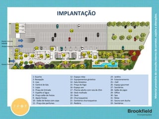 IMPLANTAÇÃO 1- Guarita 2- Recepção 3 - Lixo 4 - Central de Gás 5 - Lojas 6 - Praça de Entrada 7 - Espelho d´água  8 - Praça salão de Festas  9 - Apoio Festas 10 - Salão de festas com copa 11 - Praça dos perfumes 12 - Espaço relax 13 - Equipamentos ginástica 14 - Sala Ginástica 15 - Praça do fogo 16 –Espaço zen 17 - Piscina adulto com raia de 25m 18 - Deck molhado 19 - Deck 20 - Churrasqueiras 21 - Sanitários churrasqueiras 22 - Redário 23 - Jardins 24 - Estacionamento 25 – Hall 26 - Espaço gourmet 27 - Sanitários 28 - Salão de jogos 29 - Office 30 - Spa 31 - Relax 32 - Sauna com ducha 33 - Sanitários 05 02 03 01 04 06 07 09 13 17 15 16 18 19 22 21 23 20 24 25 10 26 08 27 12 11 Acesso Pedestre Acesso Veículos Subsolo Acesso Veículos Térreo 29 28 14 30 31 32 24 05 05 20 33 
