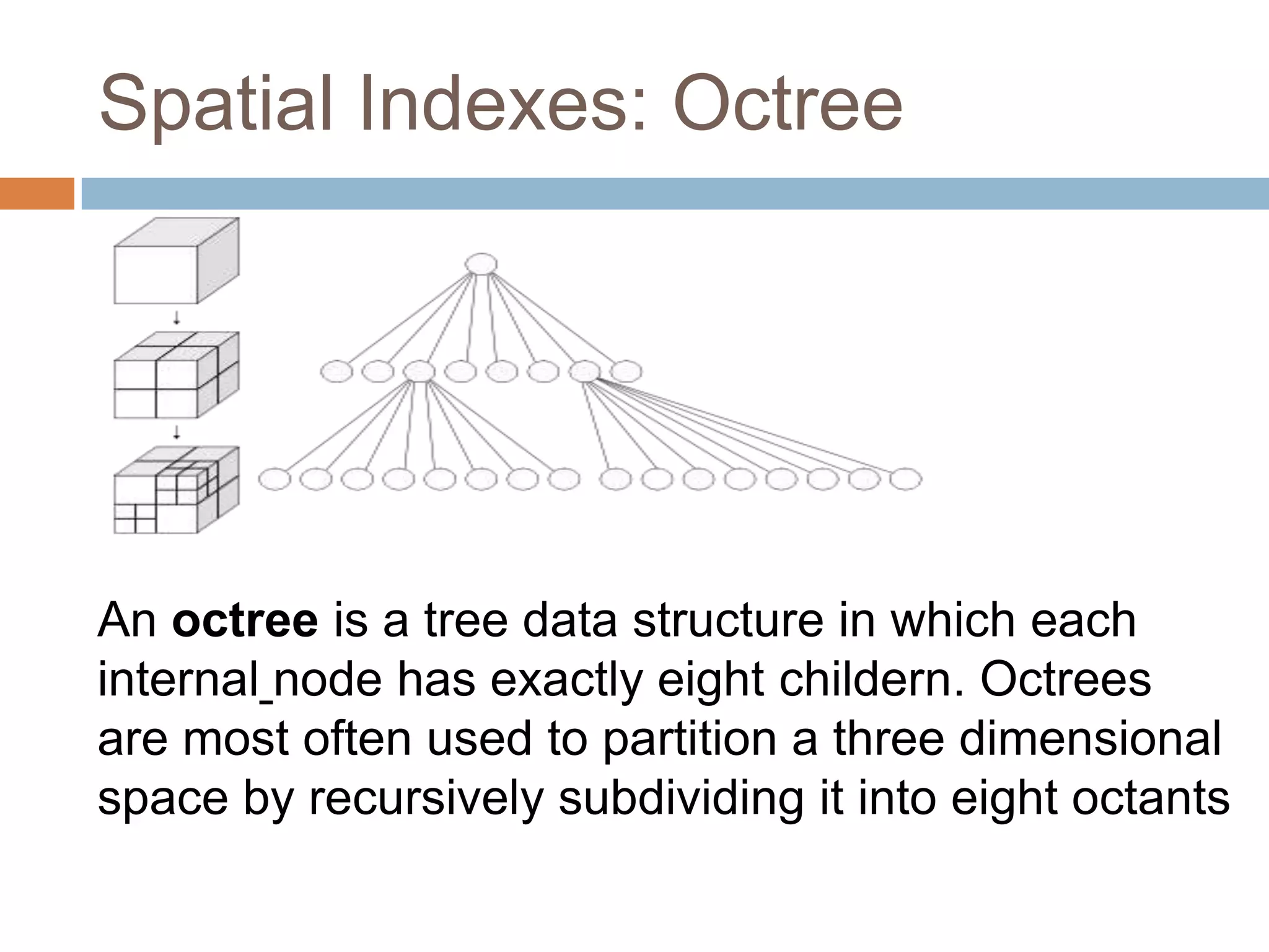 Spatial Indexes: Octree An octree is a tree data structure in which each internal node has exactly eight childern. Octrees are most often used to partition a three dimensional space by recursively subdividing it into eight octants 
