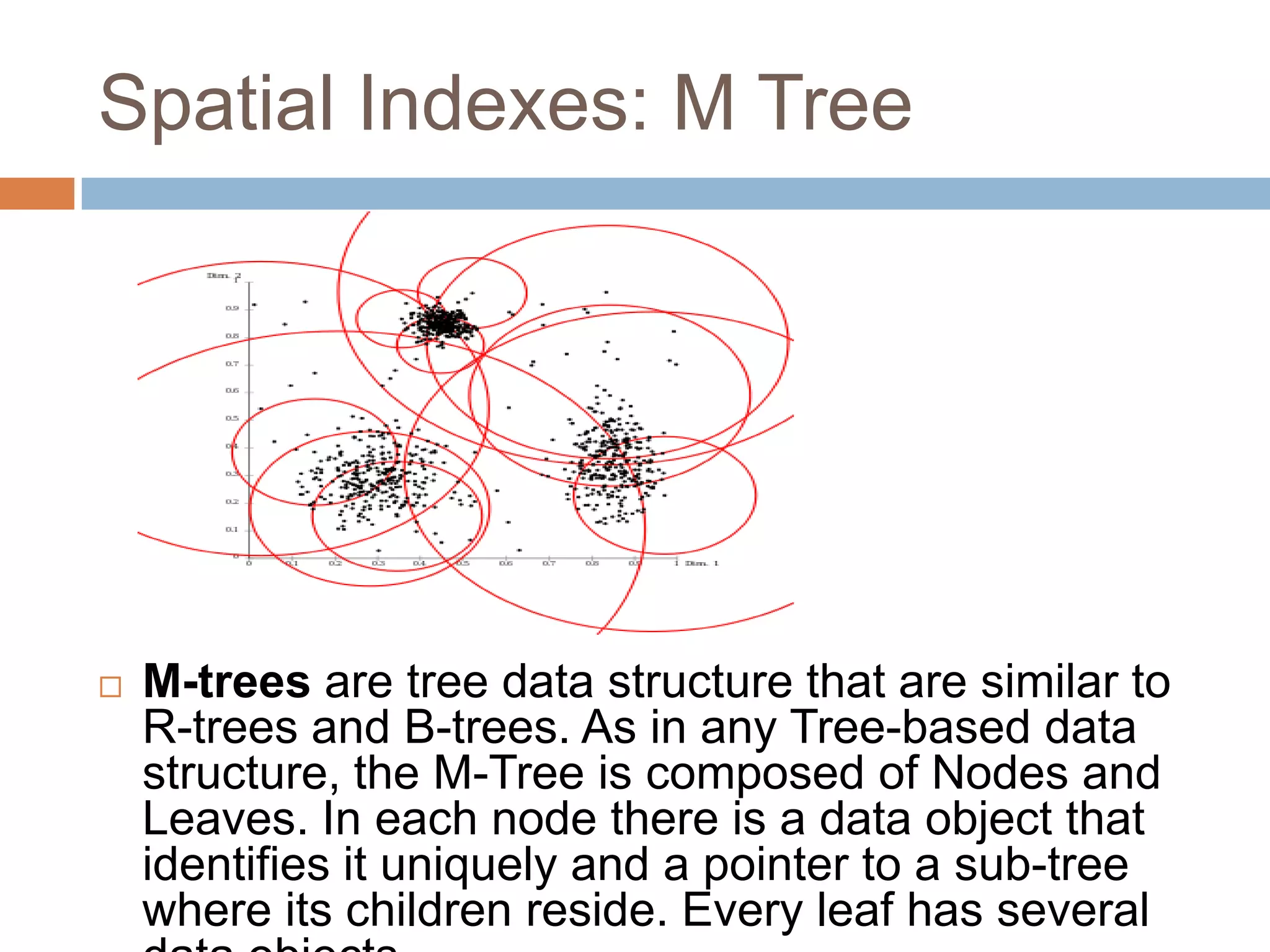 Spatial Indexes: M Tree  M-trees are tree data structure that are similar to R-trees and B-trees. As in any Tree-based data structure, the M-Tree is composed of Nodes and Leaves. In each node there is a data object that identifies it uniquely and a pointer to a sub-tree where its children reside. Every leaf has several 