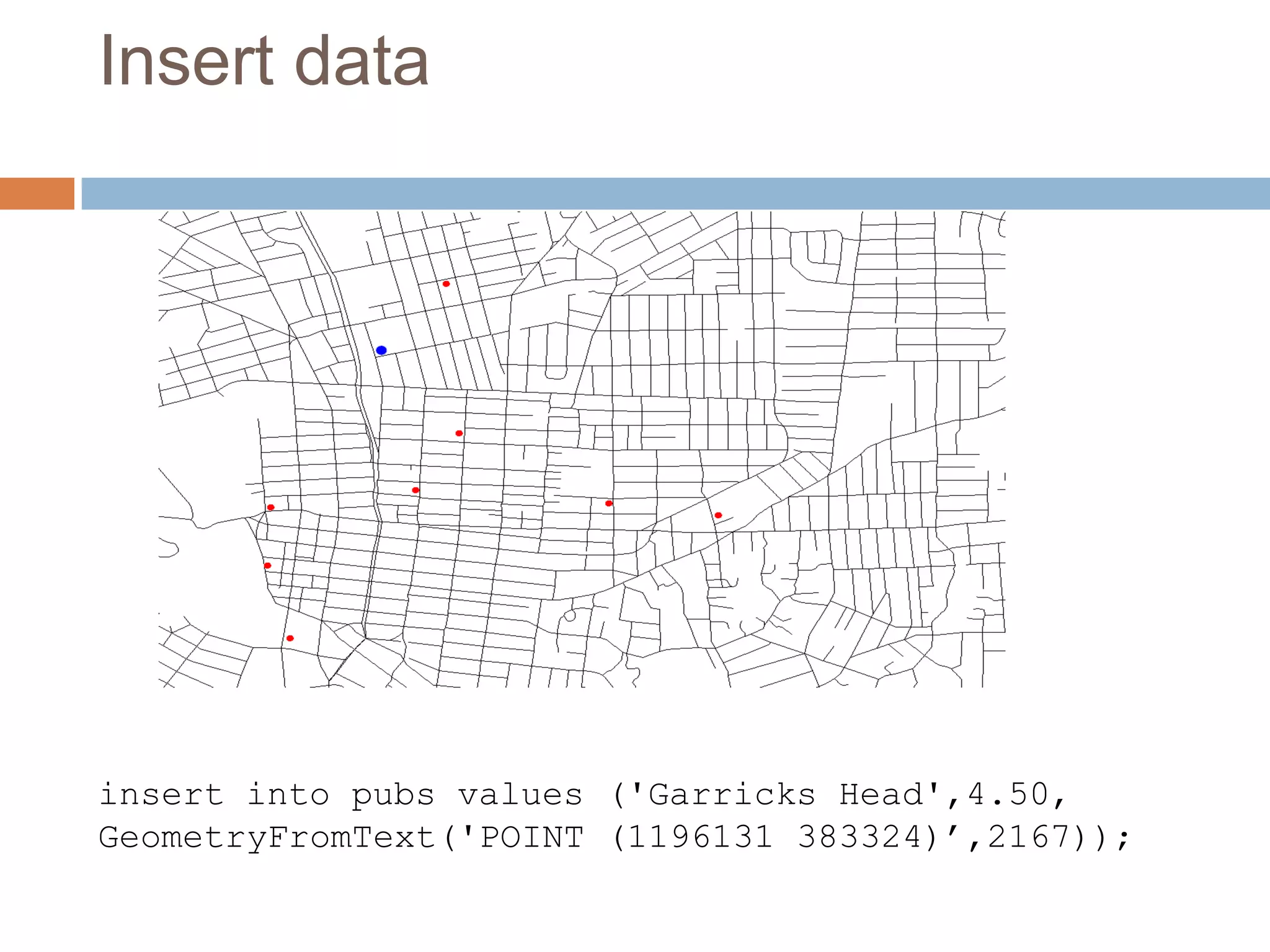 Insert data insert into pubs values ('Garricks Head',4.50, GeometryFromText('POINT (1196131 383324)’,2167)); 