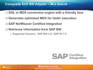 11 
© 2009 TIBCO Software Inc. All Rights Reserved. Confidential and Proprietary. 
11 
Composite SAP BW Adapter – At a Glance 
 SQL to MDX conversion engine with a friendly face 
 Generates optimized MDX for faster execution 
 SAP NetWeaver Certified Integration 
 Retrieves information from SAP BW 
 Supported Versions : SAP BW 3.5 / SAP BI 7.0 
2010 Composite Software, Inc. 
 