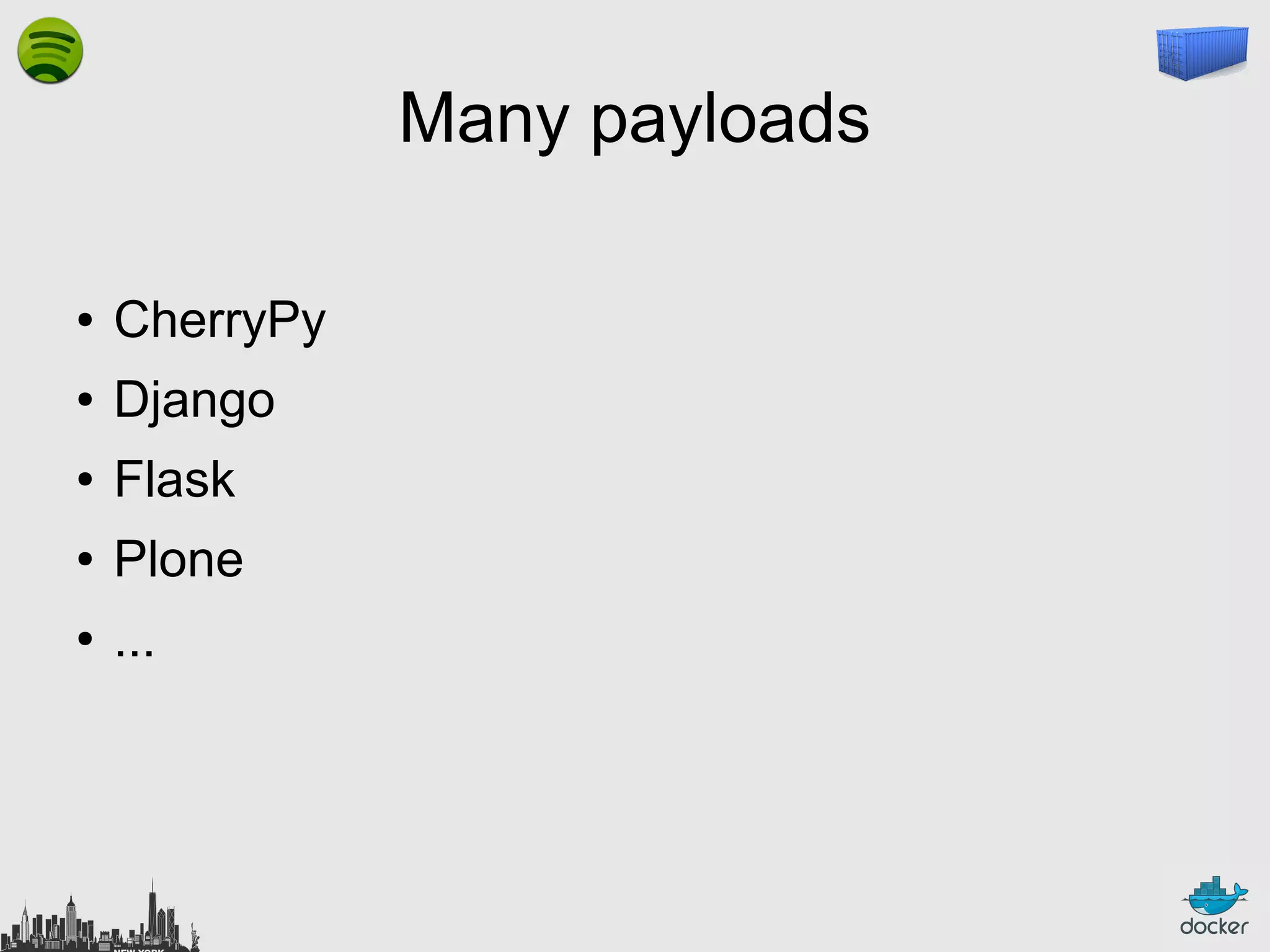 Many payloads
●

CherryPy

●

Django

●

Flask

●

Plone

●

...

 