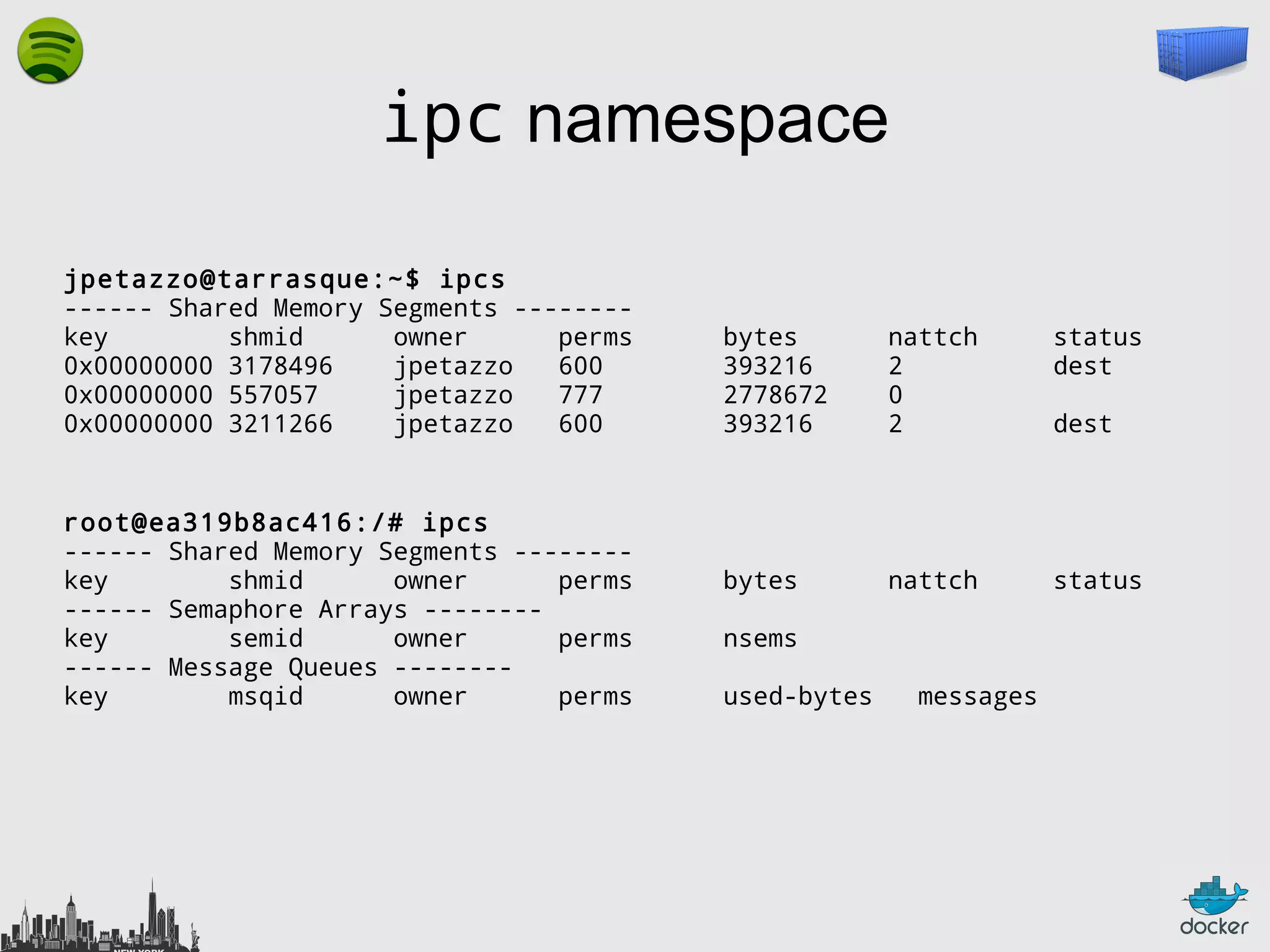 ipc namespace
jpetazzo@tarrasque:~$ ipcs
------ Shared Memory Segments -------key
shmid
owner
perms
0x00000000 3178496
jpetazzo
600
0x00000000 557057
jpetazzo
777
0x00000000 3211266
jpetazzo
600

root@ea319b8ac416:/# ipcs
------ Shared Memory Segments -------key
shmid
owner
perms
------ Semaphore Arrays -------key
semid
owner
perms
------ Message Queues -------key
msqid
owner
perms

bytes
393216
2778672
393216

nattch
2
0
2

status
dest

bytes

nattch

status

nsems
used-bytes

messages

dest

 