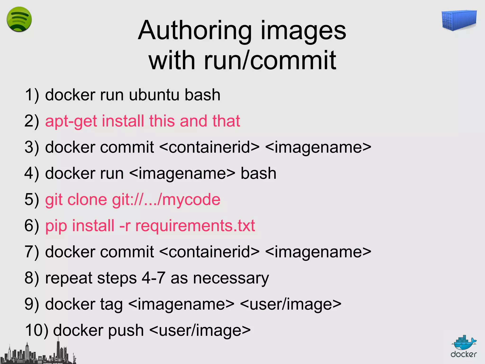 Authoring images
with run/commit
1) docker run ubuntu bash
2) apt-get install this and that
3) docker commit <containerid> <imagename>
4) docker run <imagename> bash
5) git clone git://.../mycode
6) pip install -r requirements.txt
7) docker commit <containerid> <imagename>
8) repeat steps 4-7 as necessary
9) docker tag <imagename> <user/image>
10) docker push <user/image>

 