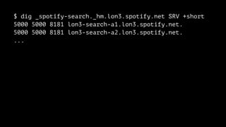 $ dig _spotify-search._hm.lon3.spotify.net SRV +short 
5000 5000 8181 lon3-search-a1.lon3.spotify.net. 
5000 5000 8181 lon3-search-a2.lon3.spotify.net. 
... 
 