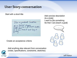 User Story conversation 
Start with a short title 
Add concise description 
As a [role] 
I want to [do something 
So that I can [reach a goal] 
… 
Create an acceptance criteria 
Add anything else relevant from conversation 
(notes, specifications, constraints, sketches) 
Jeff Patton 
 